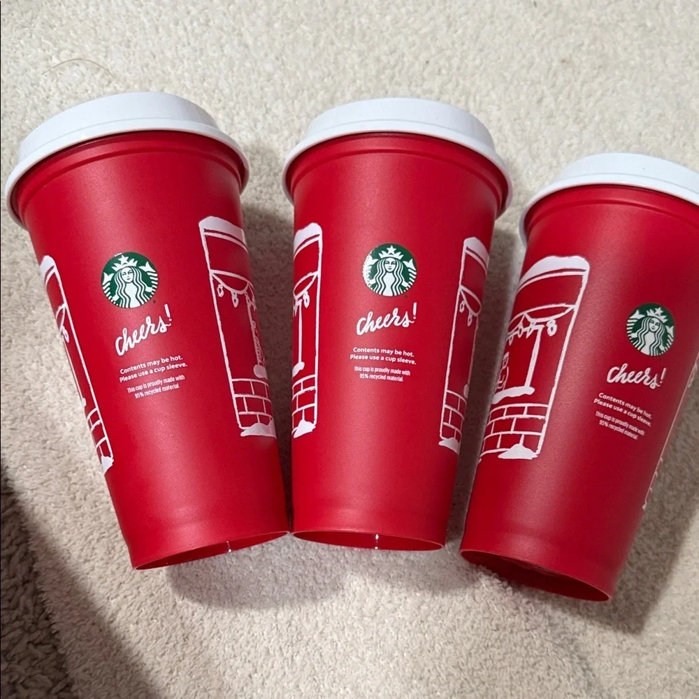 New 3 Starbucks Festive Red Cups with White Design - Picture 4 of 7